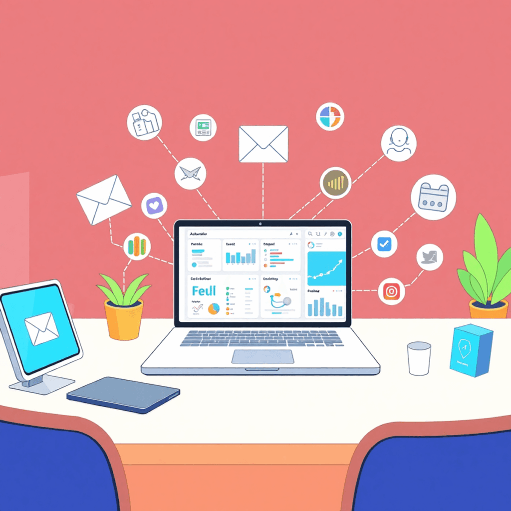 Cartoon workspace with laptop showing automation dashboards, surrounded by icons of email, support, payments, and analytics representing online bus...