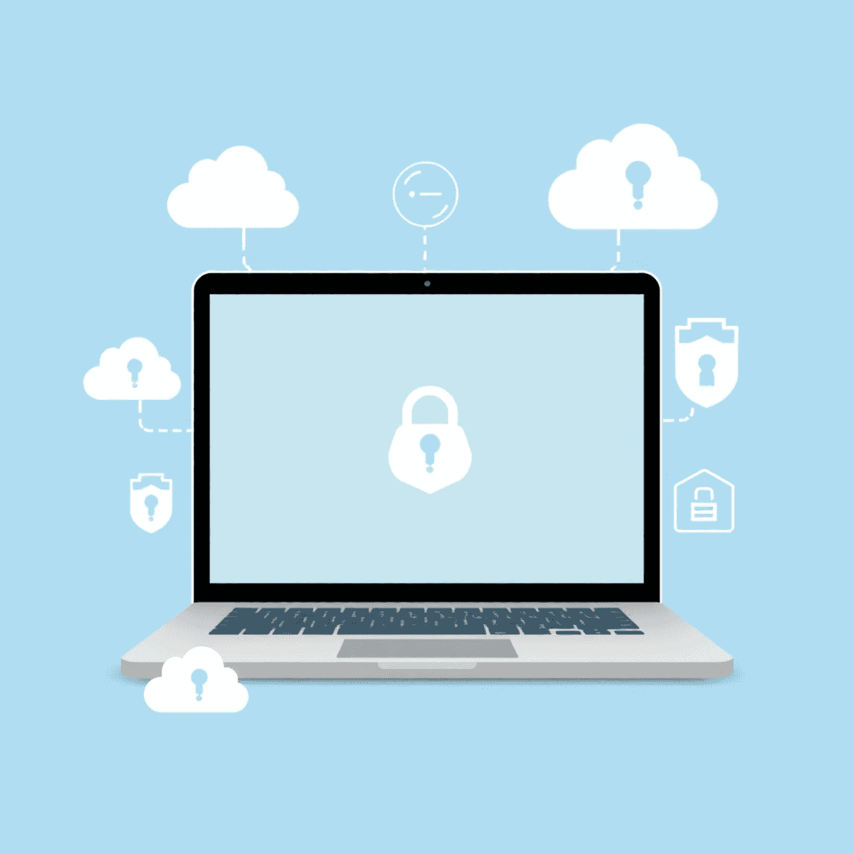 Laptop showing website backup software with cloud icons and data protection symbols in a modern digital workspace.
