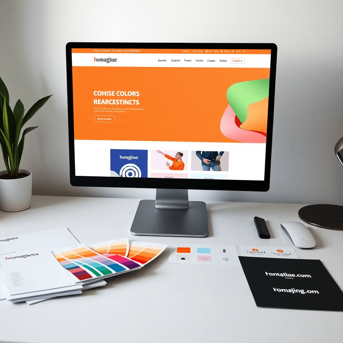 Modern workspace with a computer showing a vibrant website, surrounded by organized branding materials like color swatches, font samples, and logo ...