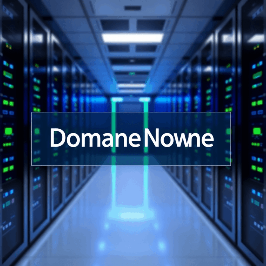 A modern server room with blue and green lights and a digital domain name graphic overlay symbolizing reliable website hosting and online presence.