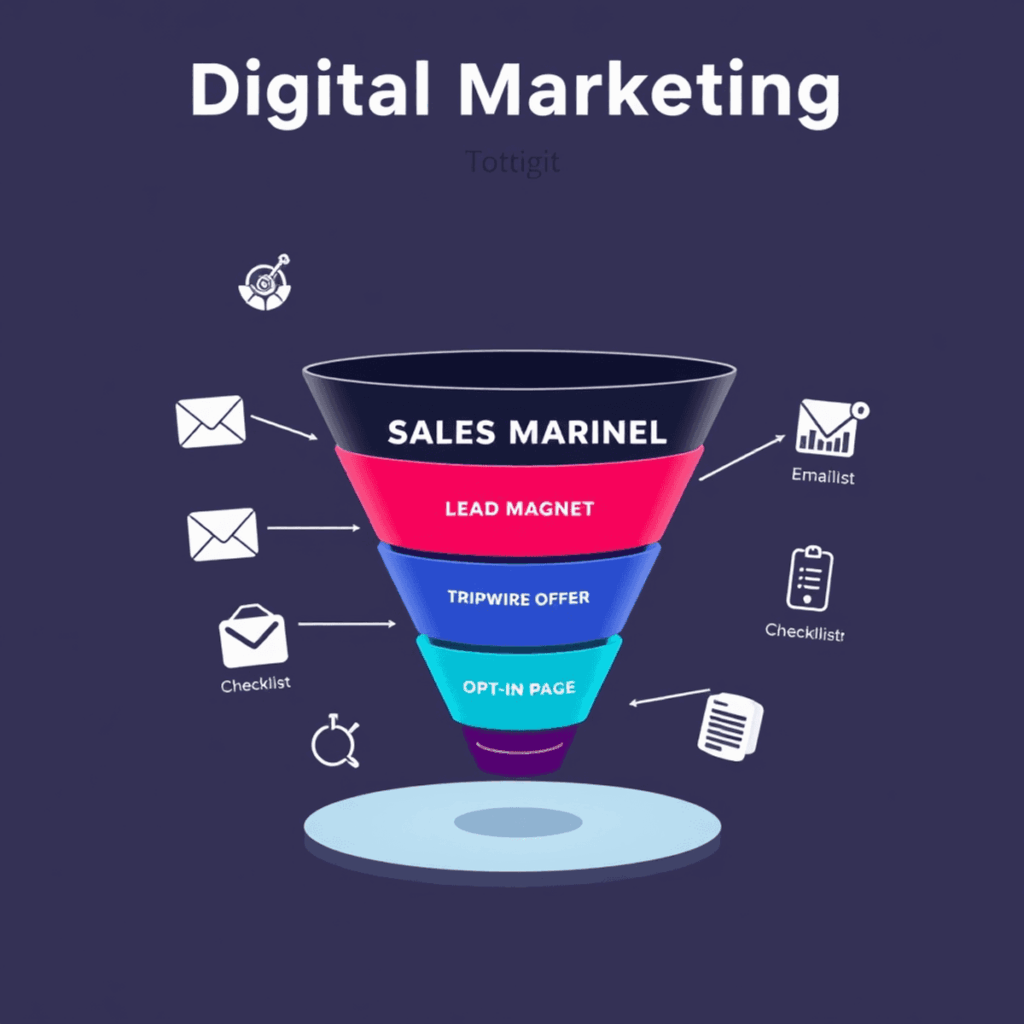A sleek sales funnel graphic labeled with stages, surrounded by email, checklist, and digital tool icons on a clean, branded background.