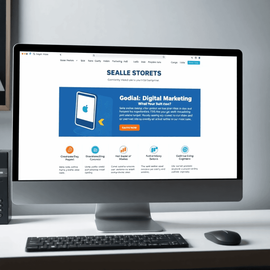 Computer screen showing a modern sales page with a headline, product description, feature icons, bright colors, and a professional digital marketin...