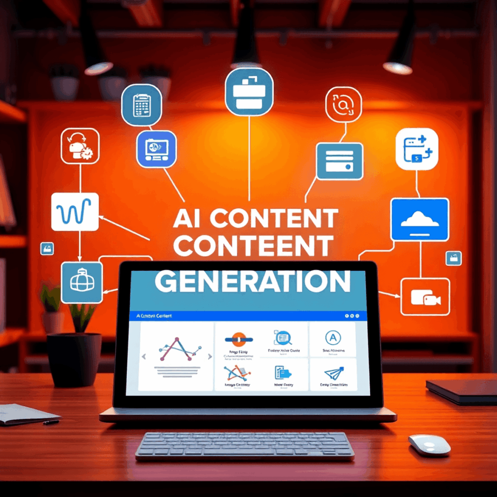 Modern workspace with laptop showing AI content tools, surrounded by icons for writing, image creation, and video editing, highlighting AI in busin...