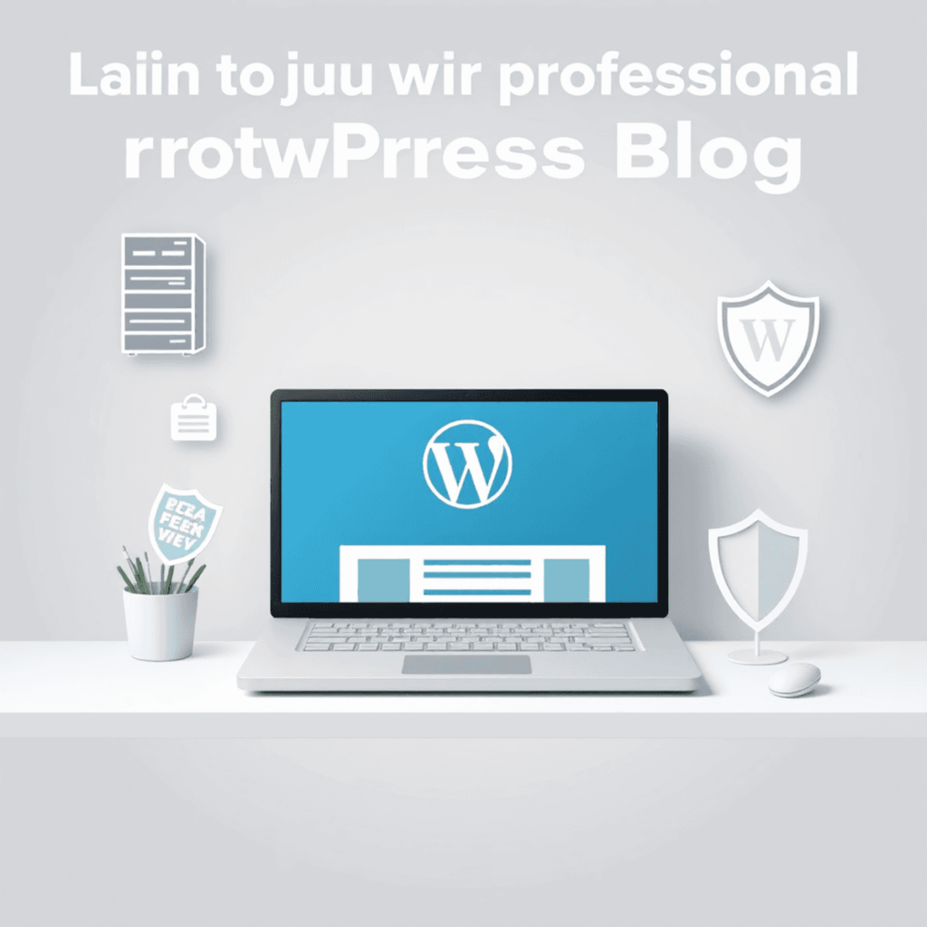 Modern workspace with laptop showing WordPress dashboard, surrounded by server icons, domain tag, and security shields symbolizing blog launch.